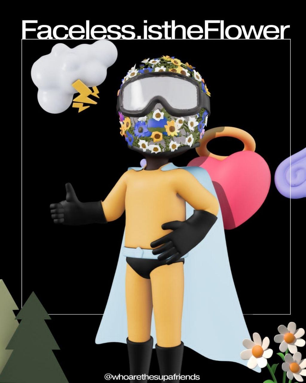 Faceless.istheFlower illustrated with a flower mask, yellow suit, storm cloud, lightning, trees, and daisies